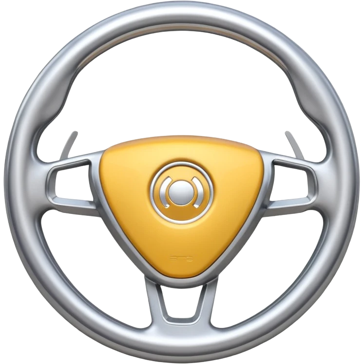 A futuristic steering wheel emoji made of silver chrome, minimal geometric design, smooth metallic surface, soft reflections, iOS emoji style, centered, clean white background emoji
