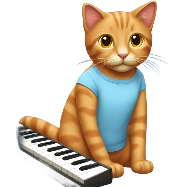 tan-red cat wearing a light-blue t-shirt taps musical keyboard emoji