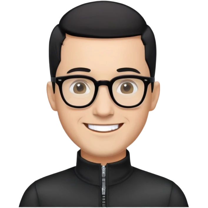 Light-skinned man with black hair in very short almost-buzz cut (minimal length but visible), short graying beard, big black glasses frames, happy smile, black long sleeve shirt with zip at neck emoji