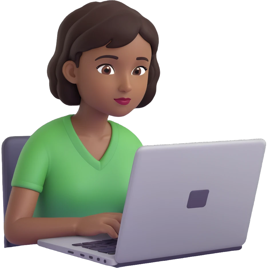 memoji-style young woman with short dark hair and dark skin tone, focused on her laptop, minimal background emoji