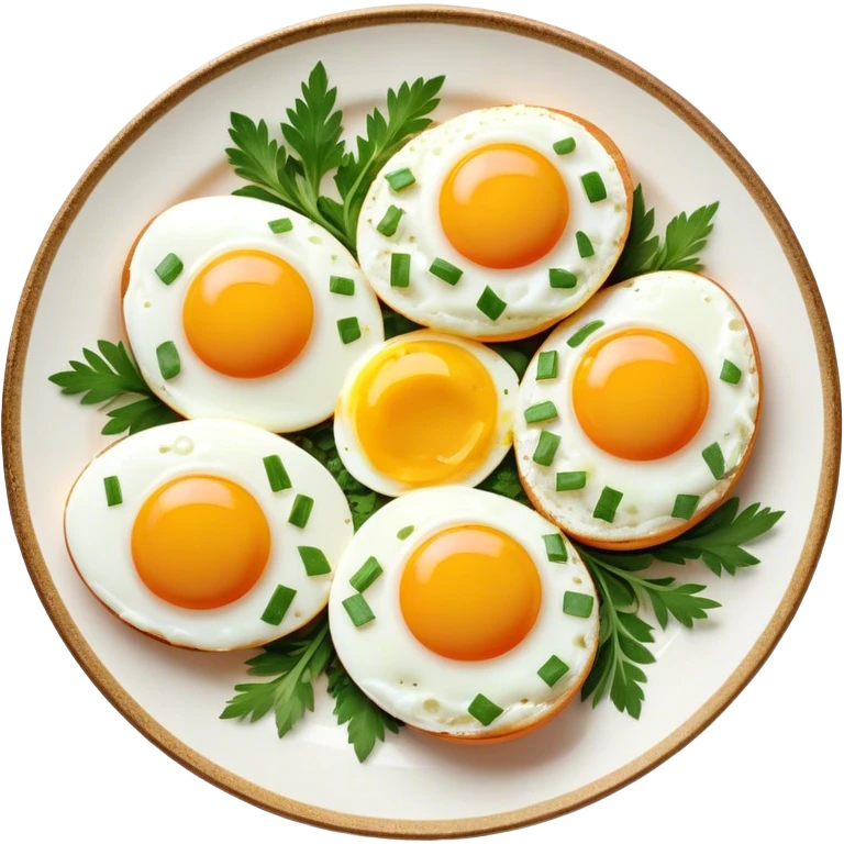 Cinematic sunny-side-up eggs, perfectly cooked with glossy yolks, crispy golden edges, sprinkled with fresh herbs, served on a rustic plate, bright and inviting, highly detailed and appetizing. emoji