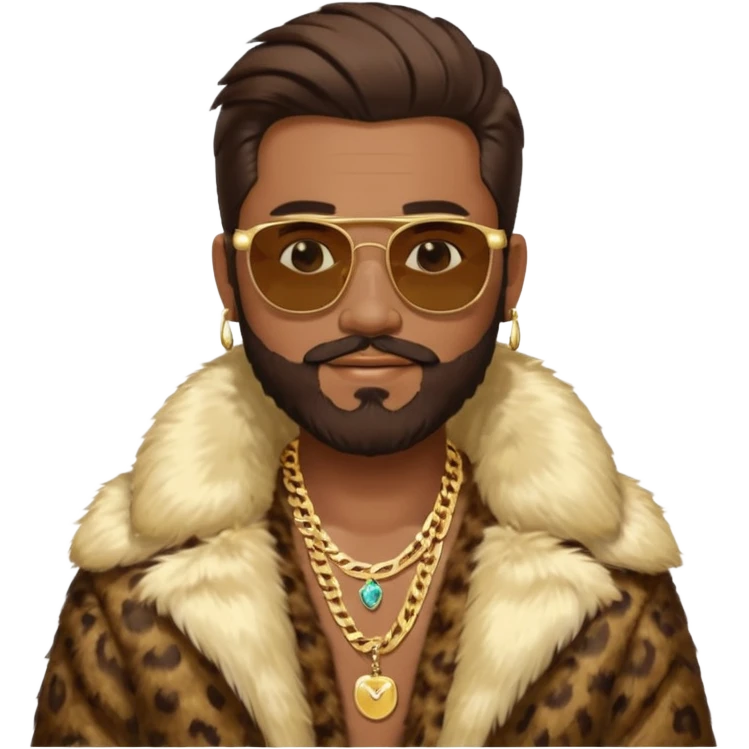 émoji homme barbu, cheveux bruns plaqués collés au crane avec raie au milieu, grosses lunettes de soleil rectangulaires à grosse branches, gros bijoux en or (chaine, montre,) manteau de fourrure très fluffy sur les épaules sourire en coin, boucles d'oreilles emoji