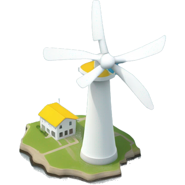 Offshore wind turbine with white blades, white tower and yello foudnation, surrounded by water emoji