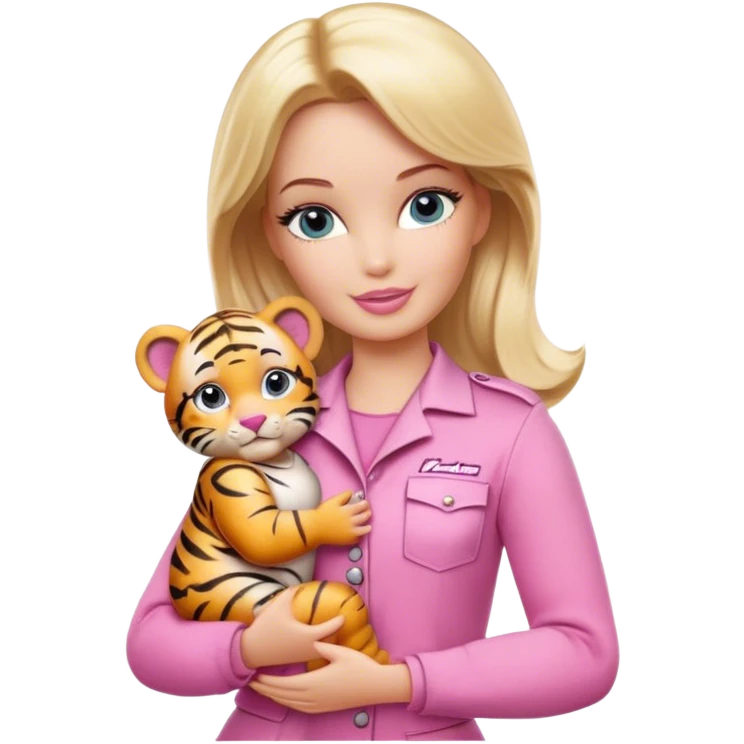 Blonde zookeeper Barbie wearing pink outfit, holding a baby tiger emoji