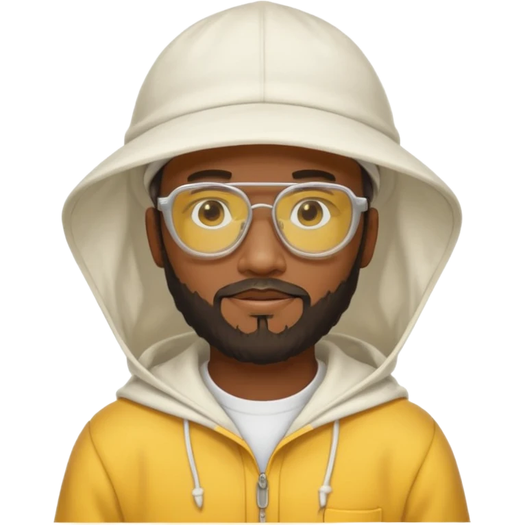 black male bee keeper with beard, white hat and yellow glasses, white outfit, white hood emoji