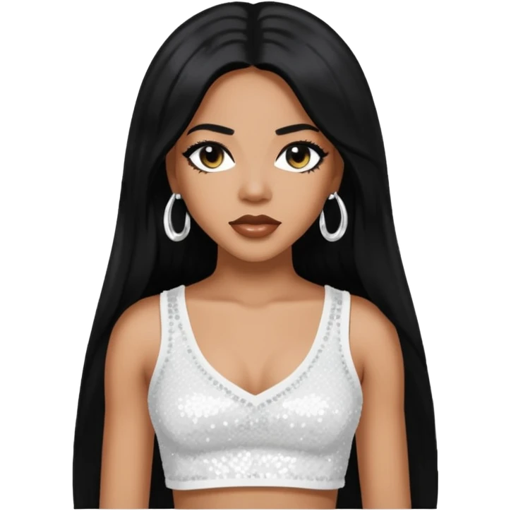 Aaliyah with long black hair, white sequin crop top, medium dark skin emoji