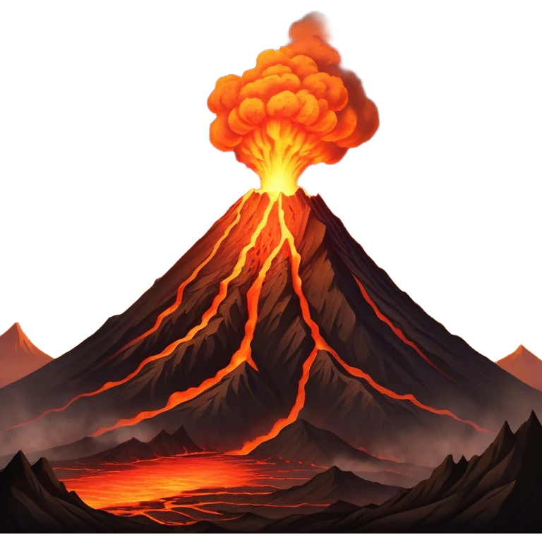 Cinematic Realistic Volcano Emoji, Powerful and awe-inspiring, with molten lava flowing from its jagged, smoking peak, casting an orange glow in the surrounding darkness. The landscape around it is barren and rocky, with clouds of ash rising into the sky. Soft glowing outline, capturing the essence of raw power and fiery energy in a towering volcano. emoji