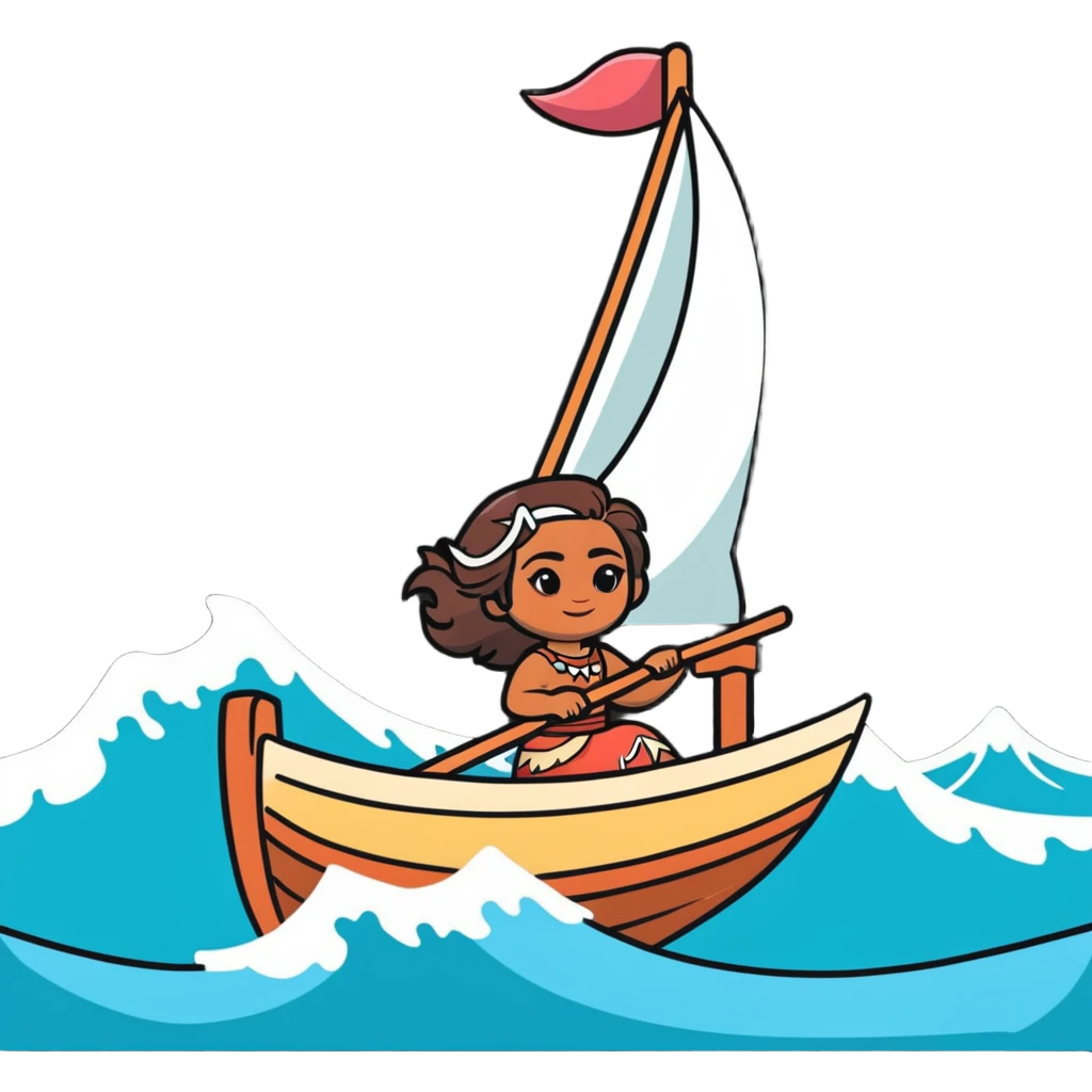 Moana sailing on her boat with ocean waves emoji