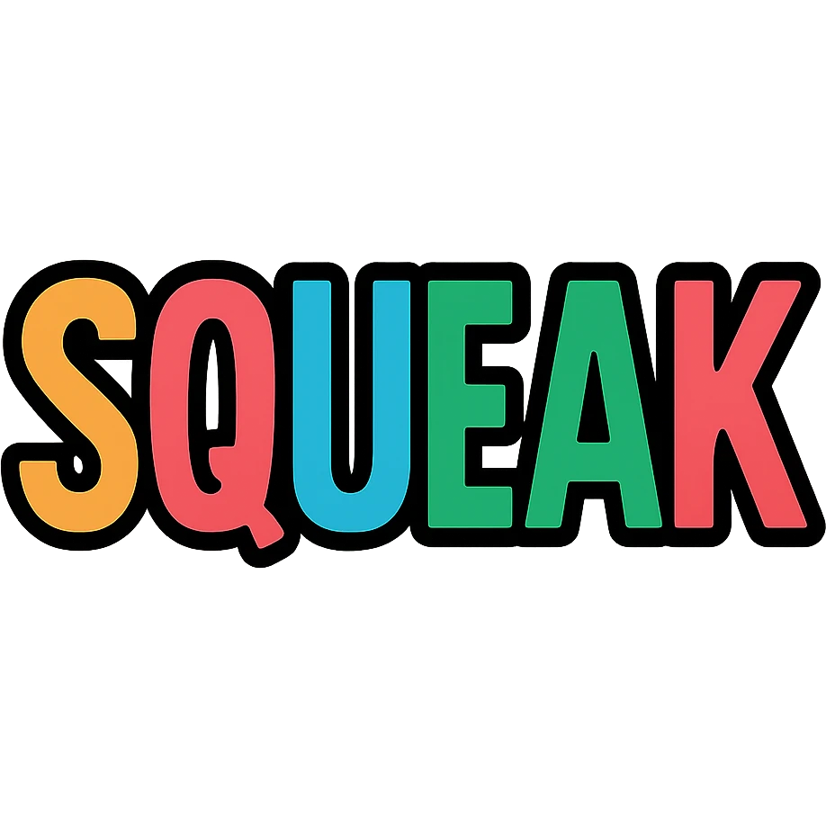 the word 'squeak' in a colorful icon style with black outlines and vibrant colors emoji