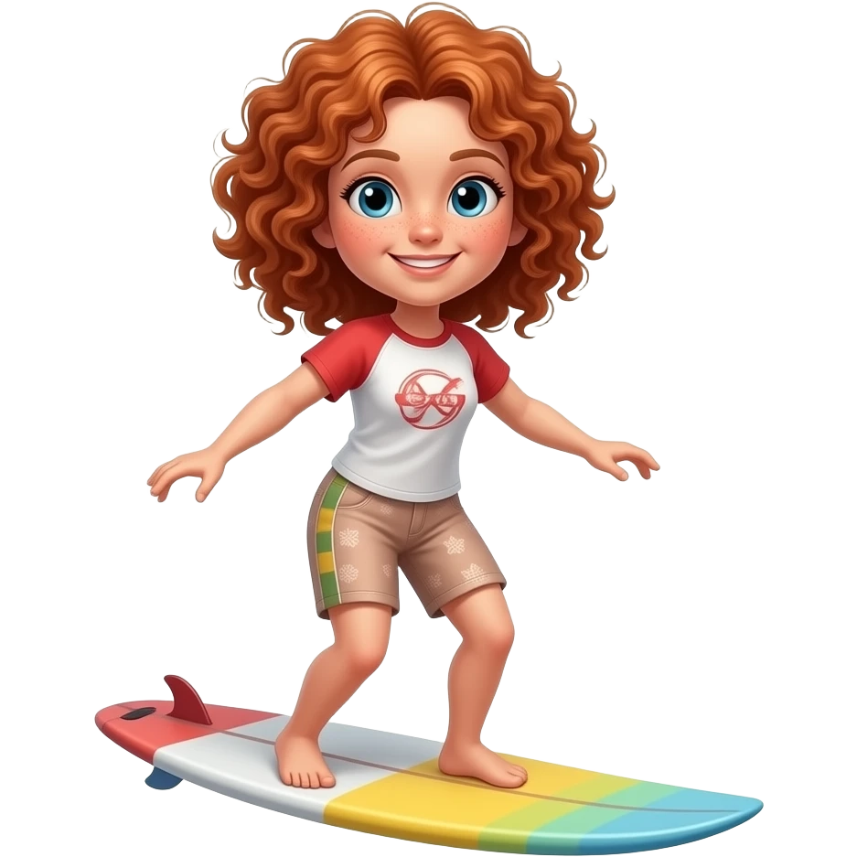Fille rousse bouclés tâches de rousseur surf emoji