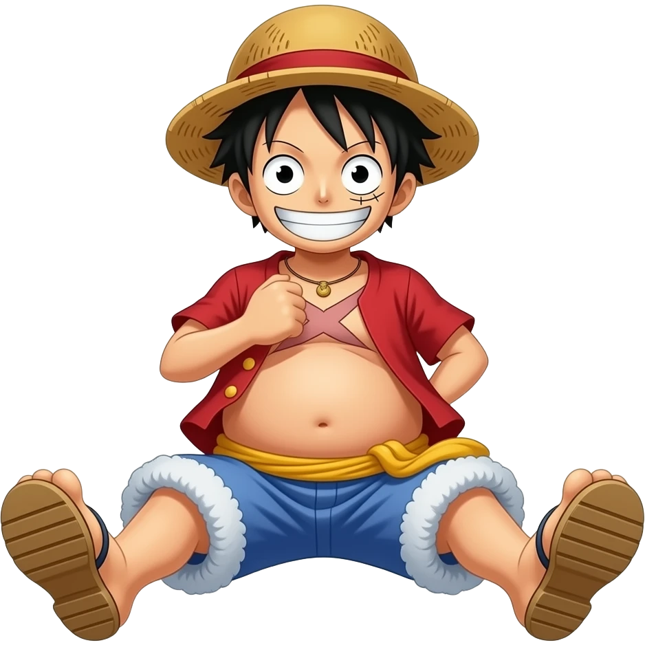 luffy from one piece, pixel style, with a big belly cuz of eating too much emoji