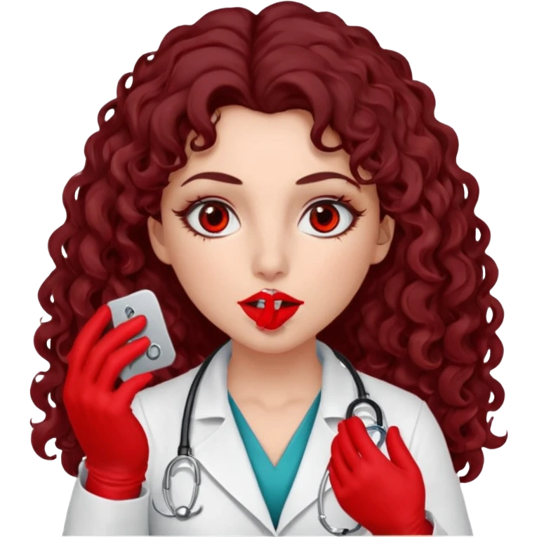 Lilith scalpel in hand, evil surgeon sexy surgeon clothes.  She has red eyes. She has dark brown long curly hair. Wears sexy doctor outfit with red gloves. Covers mouth neck and nose with red litham only covering under her nose to hide her identity emoji