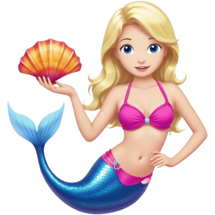 mermaid woman with blonde hair and blue eyes a pink bikini top and hot pink tail holding a shell emoji
