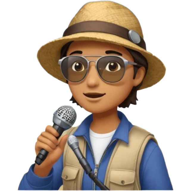 Icon for Documentary Film: A TV-style design with a traveler speaking in front of ancient ruins. Include details like a microphone, the traveler in casual explorer attire, and the ruins in the background. Capture the atmosphere of an informative journey through history. Transparent background. emoji