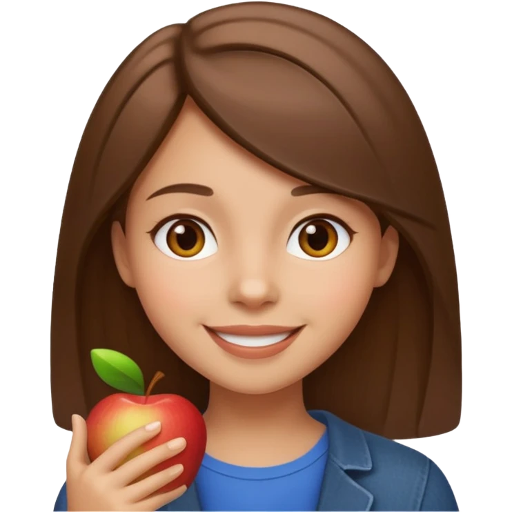 happy girl with medium straight brown hair, light skin tone, apple emoji style emoji