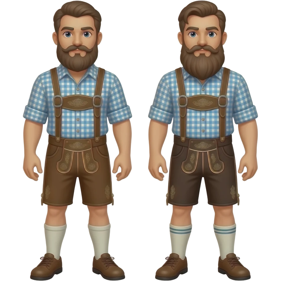 full body image of 2 different gentleman with long beards wearing lederhosen emoji