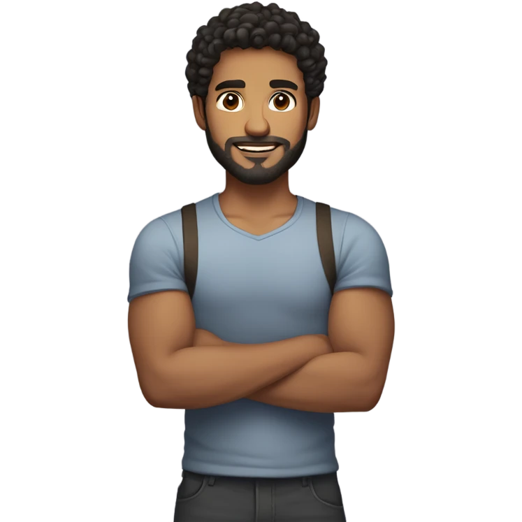 men holding his computer in hands. light brown skin men with curly black hair, dark brown eyes, little grown beard. little bit muscular. dressed casual. round face. emoji