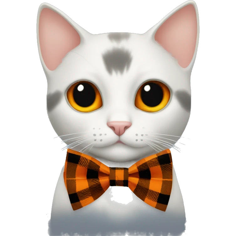 Black cat with orange eyes. Orange plaid bow tie with pumpkin charm emoji