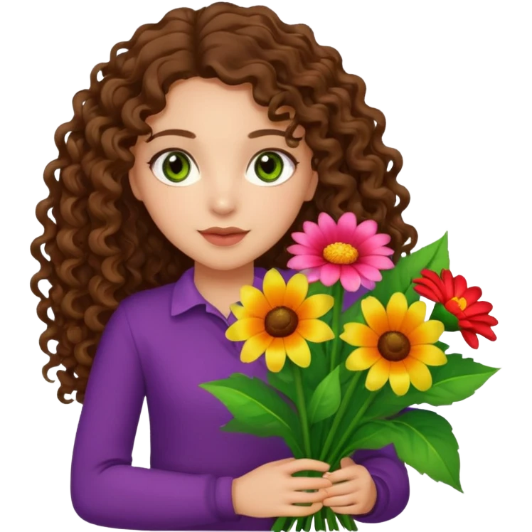 light skinned brunette long curly haired girl with green/hazel eyes holding big bright bunch of flowers. White background. emoji