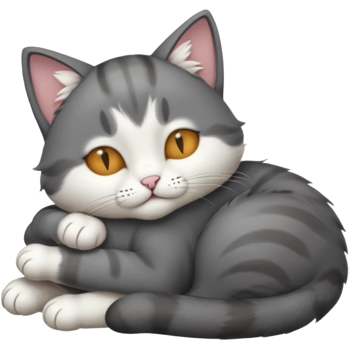 dark grey and white small cat with his eyes closed lying down leaning on its elbow with its paw curled under its head holding it up emoji