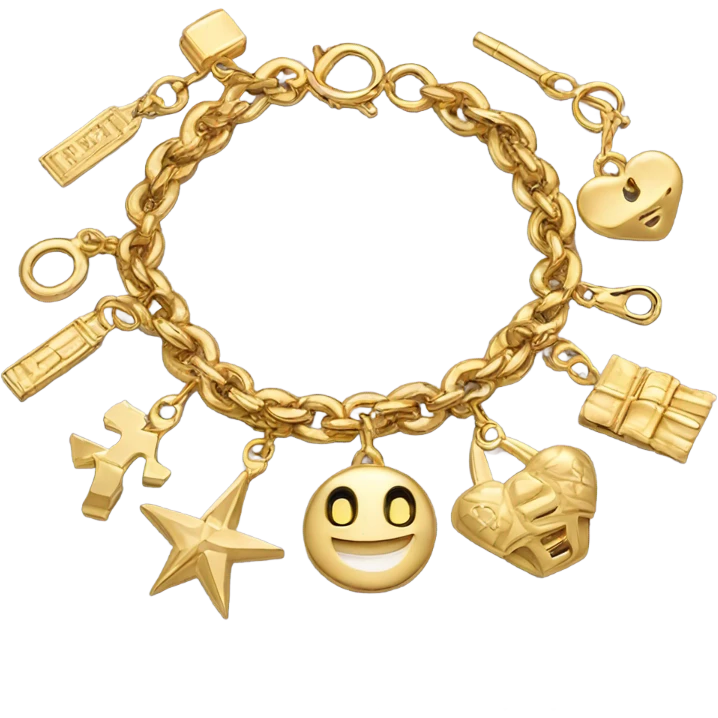 Realistic, gold charm bracelet with gold charms emoji