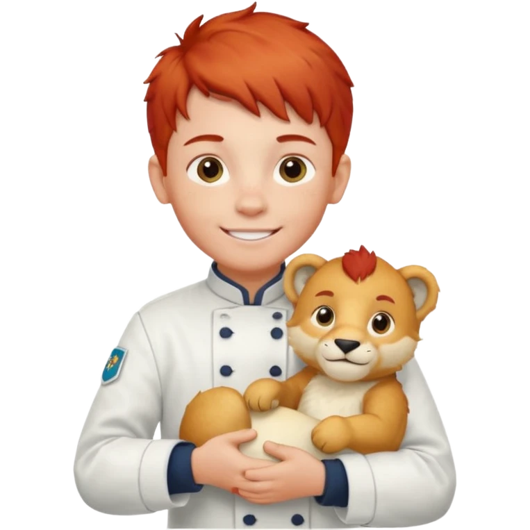 boy kid italian chef, red haired, uniform, holding plush polar lion emoji