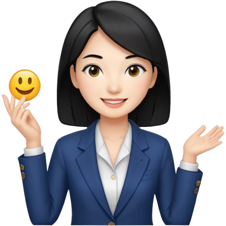 a korean cosmetics marketing expert women smiling with black hair, presenting emoji