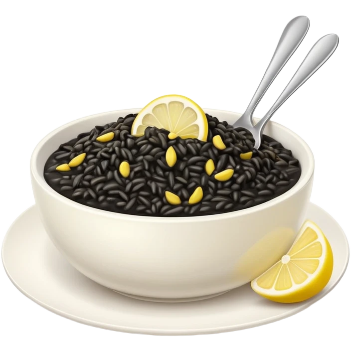 black risotto in a white bowl with a slice of lemon emoji