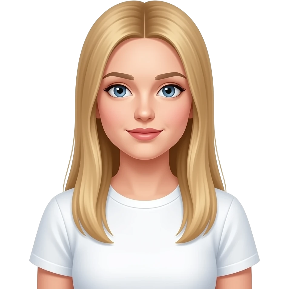 bella ragazza russa bionda capelli lisci lunghi e occhi chiari, con maglietta bianca e rilassata emoji