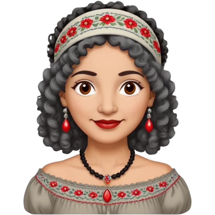 Latina woman, about 50 years old, warm light brown skin, round soft face, curly black and gray hair, red and white headband, medium eyes, thin eyebrows, gentle smile, gray peasant blouse with embroidery, bare shoulders, large dark necklace emoji