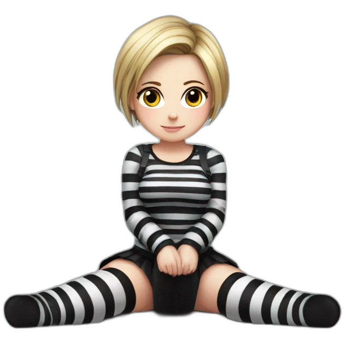 Full body Front view curvy emo girl sits on the floor straight view hands up black skirt striped stockings emoji