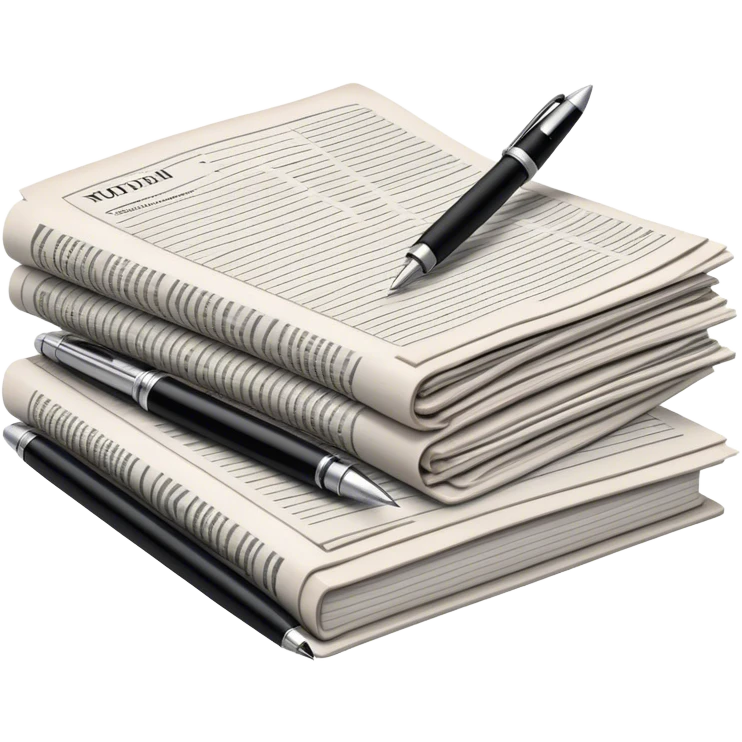 Create an emoji representing journalism and publicistic writing. The design should feature a stack of newspapers as the base, with an open working notebook placed on top of them. A single fountain pen should rest on the very top of the notebook, symbolizing the act of writing. Use neutral, professional colors like black, white, and muted tones to convey a sense of seriousness and intellect. Do not include any emojis or smiley faces. Make the background transparent. emoji