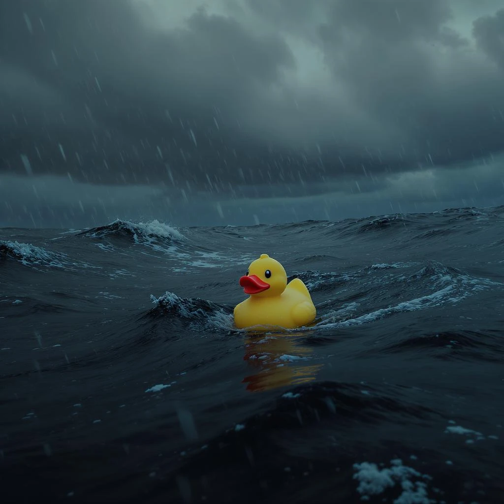Extreme Closeup shot of Yellow duck toy on ocean during cloudy day, stormy sea, Camera from top, inspired by interstellar emoji