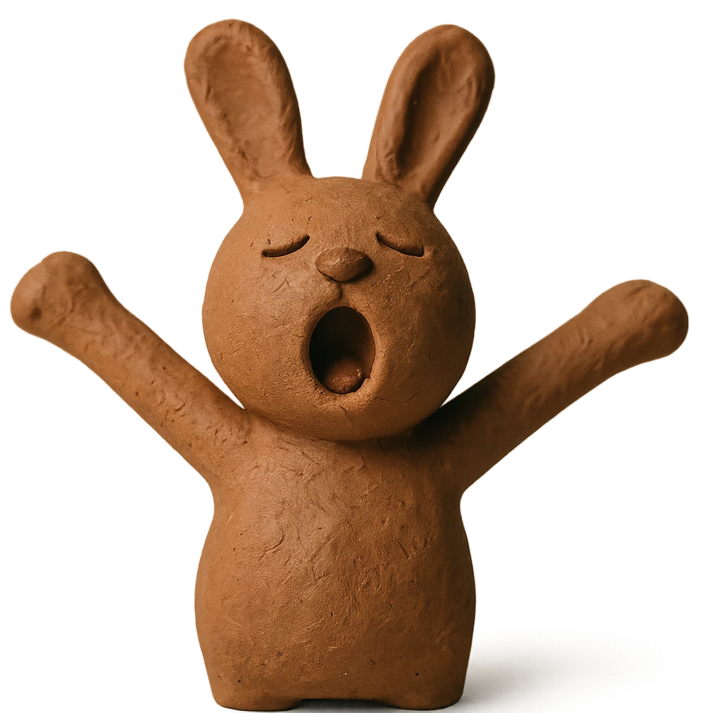 brown bunny stretching arms while yawning, claymation style emoji