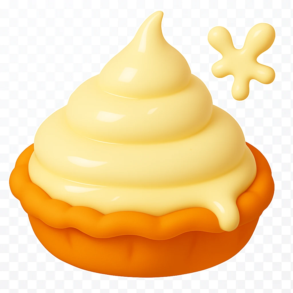 Add a small cream splatter in the top right corner, making sure it matches the natural, smooth, rounded style and lighting of the other pie splatter designs. The splatter should look like it belongs with the rest of the sequence. Keep the playful 3D emoji style, golden brown crust, and the main cream part and drip intact, with transparent background. emoji