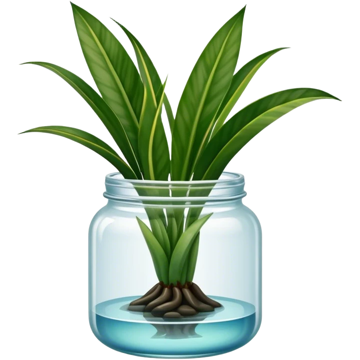 Snake plant with these exact leaves, no background, containe in a glass jar with water up to the middle emoji