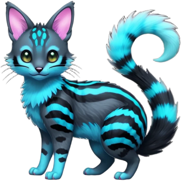  cute adorable pitch-Black-coated fur with glowing bioluminescent random colorful neon-markings iridescent beautiful elegant pretty precious cute young youthful  Fakémon-Pokémon-alien-opossum-feline-serval-caracal-chinchilla-Minccino-hybrid-creature with a big fluffy bushy striped tail (full body) emoji