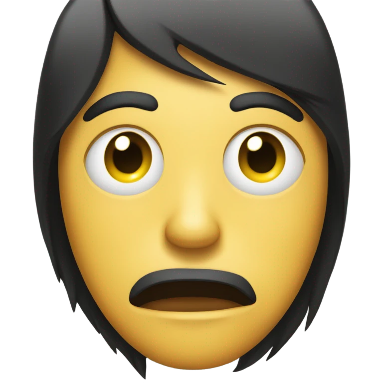 A round yellow emoji with an oversized eye on the left and a straight, black hairstyle partially covering the forehead. The mouth is a neutral line, conveying a sense of indifference or surprise. emoji