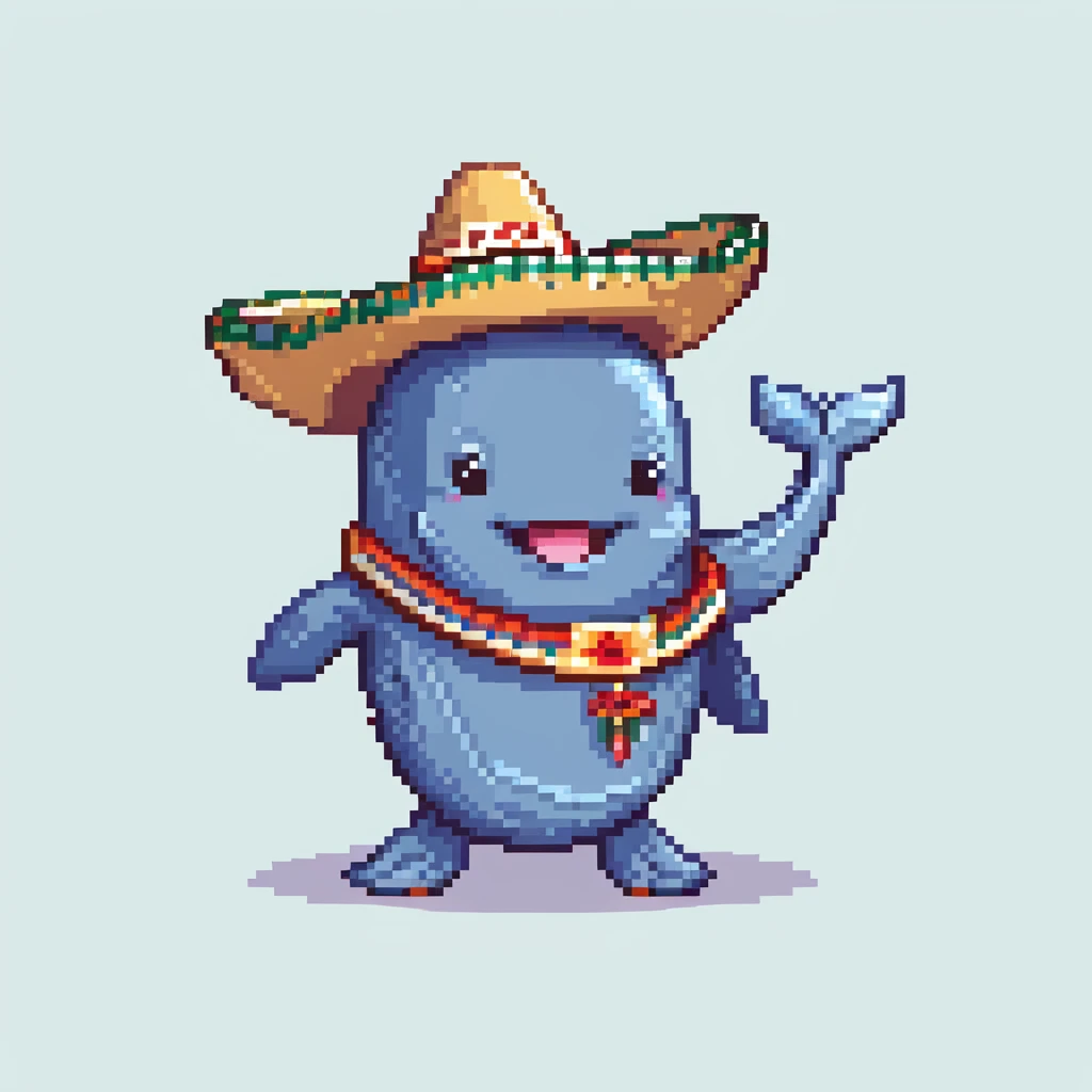 A happy whale wearing a large Mexican sombrero hat, playful character emoji