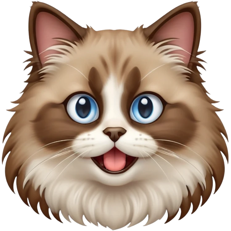 cinematic-adorable-big-eyed-fluffy-brown ragdoll-cat-portrait-emoji,-head-tilted-playfully-with-a-cute,-yawn,-white and brwon fur,-simplified-yet-irresistibly-cute-features, blue eyes emoji