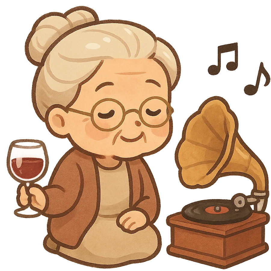 old lady with wineglass listening to gramophone emoji