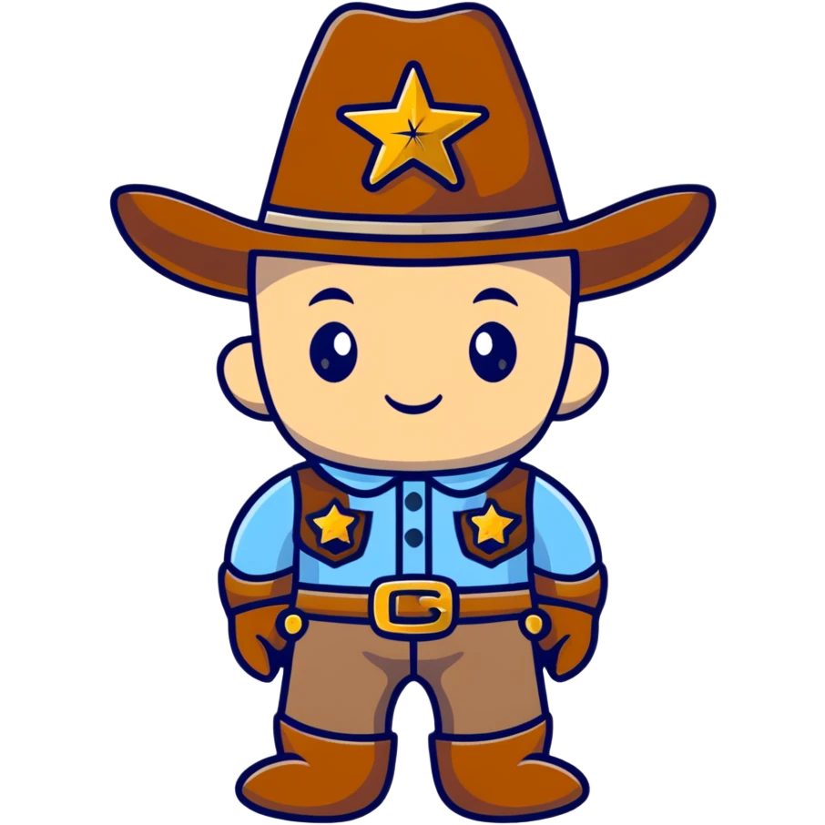 A cartoon stuffed baby cowboy toy with star-shaped patches and a little sheriff badge emoji