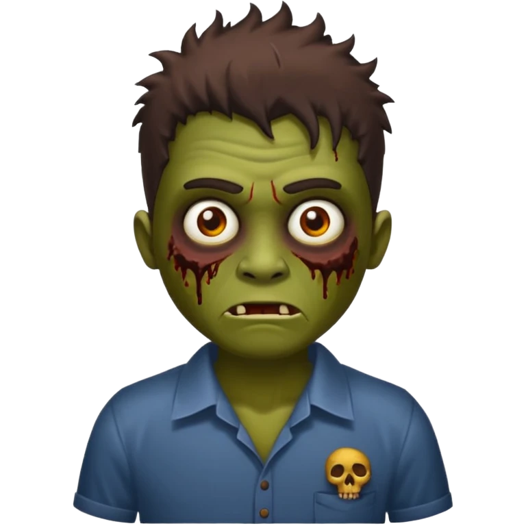 Um garoto zombie de cabelo castanho escuro, com o cabelo chegando no pescoço, com olhos castanhos esverdeados, de camisa branca emoji