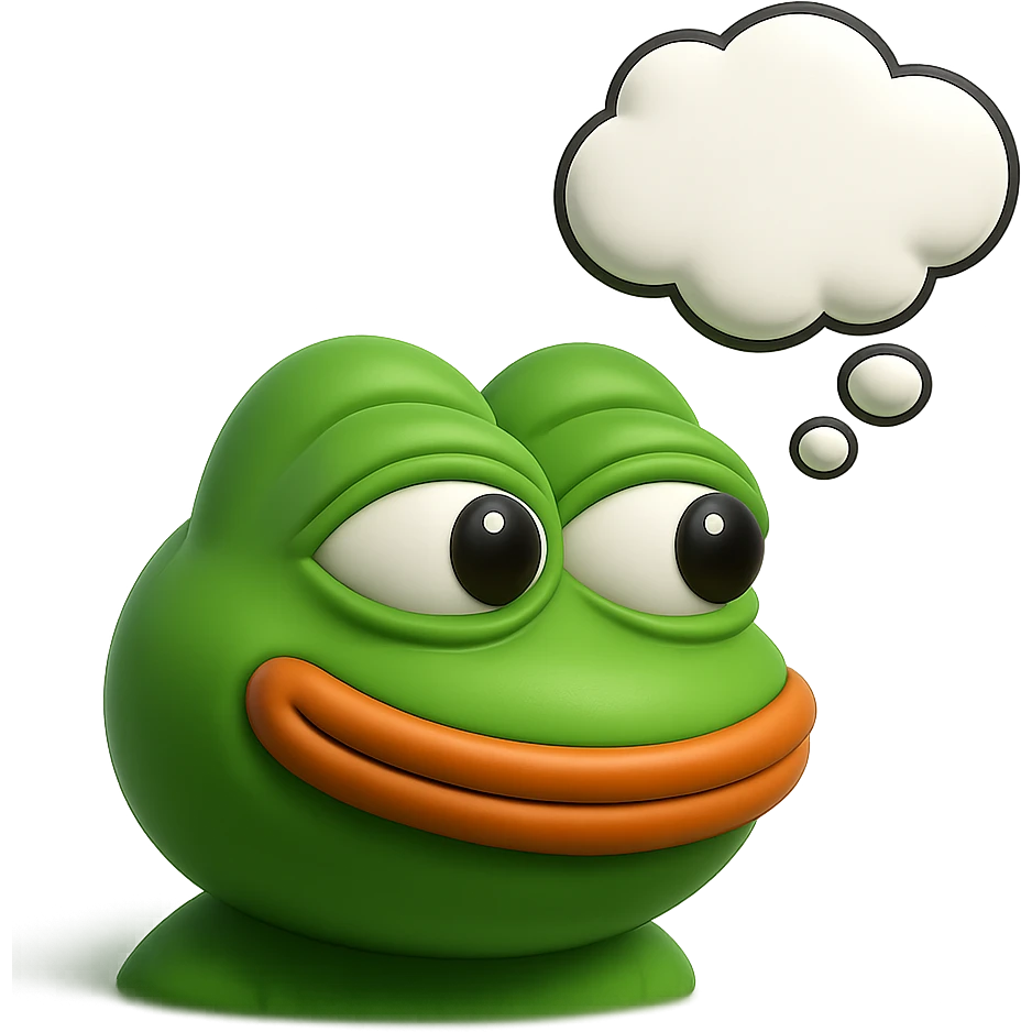 make a pepe in bright green smiling with thought bubble looking at left side in 3d style, good highlights and shadows, drop shadows emoji