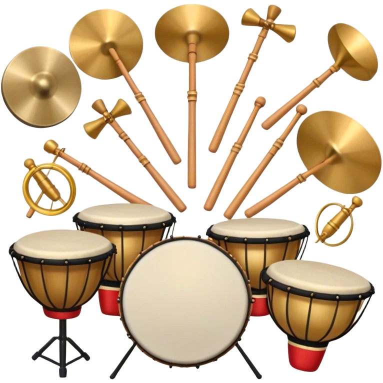 Create a heraldic, festive, and professional emblem-like emoji representing percussion instruments. The design should resemble a traditional crest, featuring a variety of percussion instruments such as cymbals, triangle, tambourine, maracas, timpani, bongo drums, and other traditional folk percussion instruments. Arrange them symmetrically, with cymbals crossing each other, the triangle at the center, and timpani or bongo drums flanking the sides. Include tambourines and maracas prominently, adding rhythm and texture. A flowing ribbon of musical notes should elegantly weave through the instruments, enhancing the sense of movement and celebration. Add intricate decorative patterns on the instruments, along with ornamental swirls, laurels, or flourishes to elevate the festive and heraldic feel. The overall composition should be balanced, harmonious, and visually striking, with an elegant and professional look. The background should be transparent. emoji
