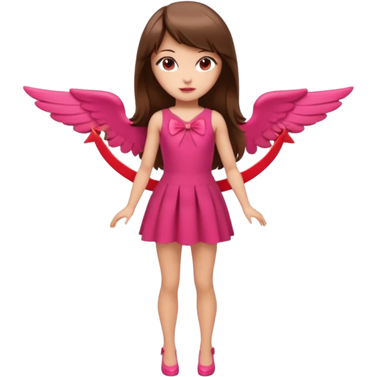 Hada sexy cupido pequeña  de cabello largo lacio castaño con flequillo y ojos cafés  vestida con algo sensual corto color blanco o rojo arco delgado con un color que combinen   y flechas  igual delgadas  que combinen y labios rosas tipo Barbie pero en hada cupido de cuerpo completo ojos sexys  emoji