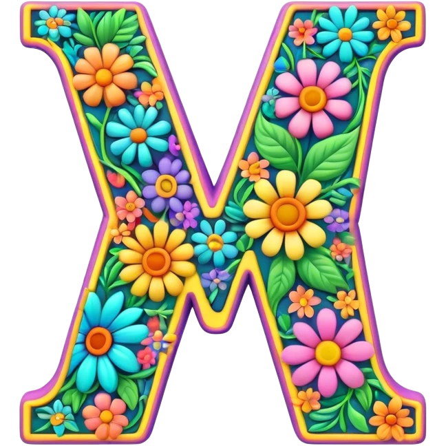 3D, gothic style psychedelic colored Letter V with hippie style flower border emoji