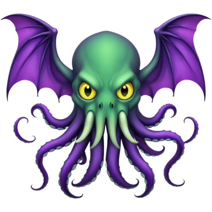 deep green Cthulhu with purple bat wings and purple gradient tentacles. Yellow angry eyes. yellow suckers on tentacles. dramatic ominous shading. two saber-teeth emoji