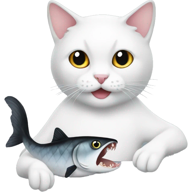 black and white cat eating fish emoji