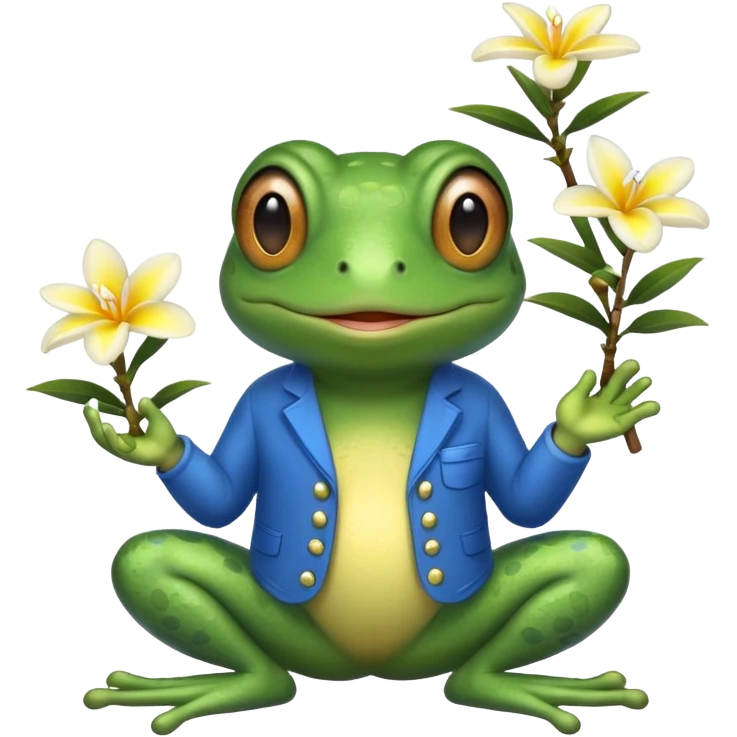 Frog with blue clothes and plumeria flowers emoji